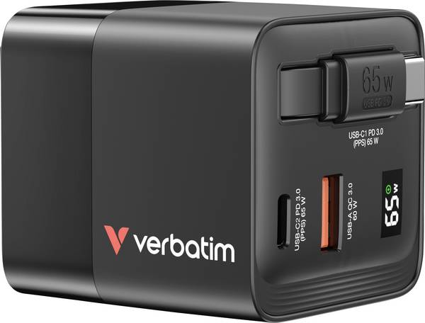 Verbatim GaN Charger 65 W cestovní nabíječka, Rychlonabíječka, GaN, s adaptérem pro Evropu, s britským adaptérem, s americkým adaptérem, 1x USB A , 1x USB-C®, 65 W, Dodávka energie, Power Delivery 3.0, QC 3.0, černá