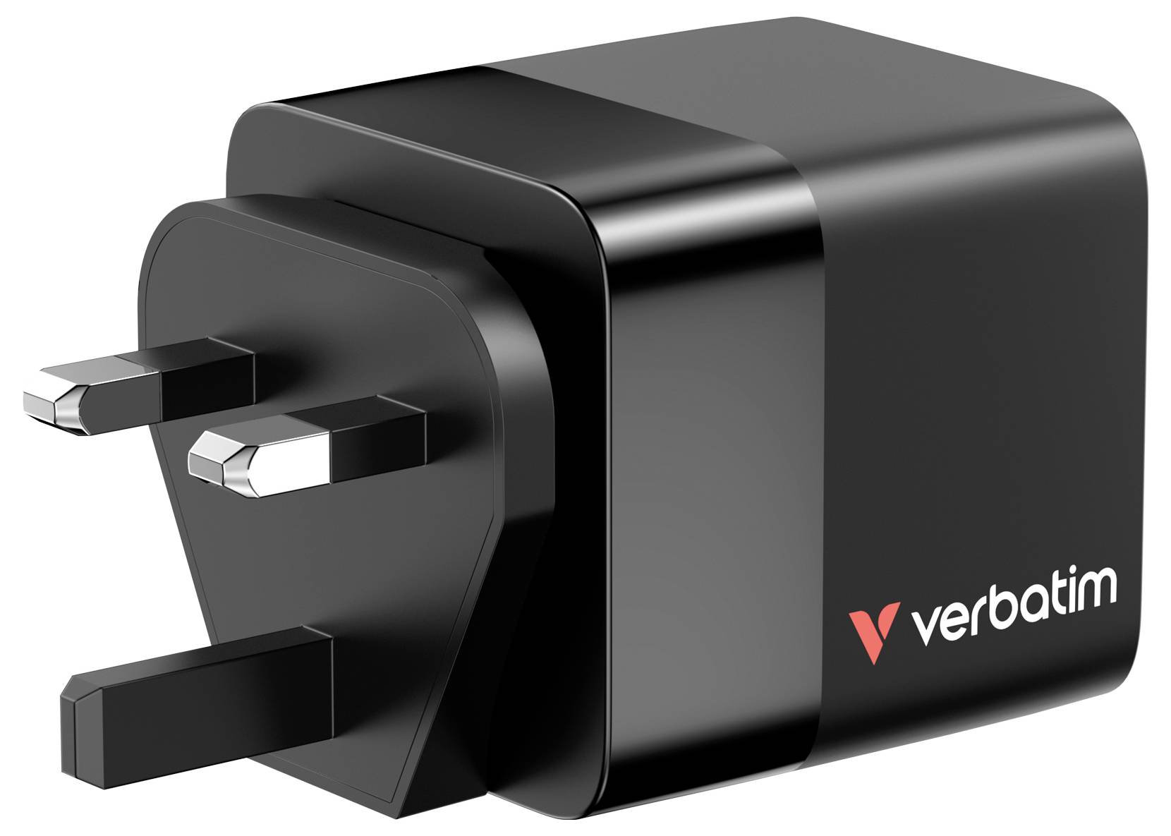 Černá USB nabíječka se třemi kontakty a logem 'verbatim' na straně.