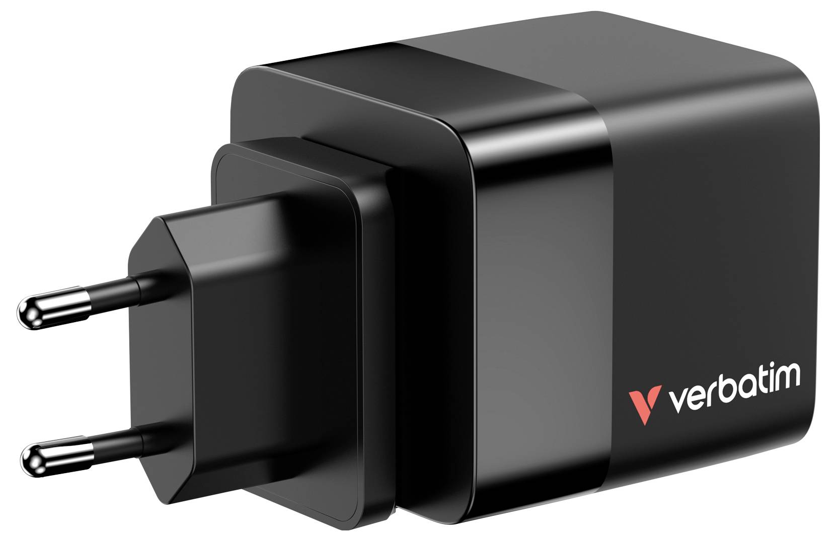 Černá nabíječka se dvoupólovým konektorem od Verbatimu, vhodná pro USB zařízení, kompaktní a přenosná.