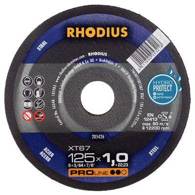 Řezný kotouč na ocel od RHODIUS. Průměr 125 mm, tloušťka 1 mm. Obsahuje symboly pro návod k použití a ochranu.