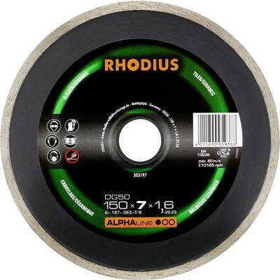 'RHODIUS Dělicí kotouč 160 x 7 x 1,6' na černém pozadí. Název značky nahoře, specifikace produktu níže, orámované stříbrným okrajem.