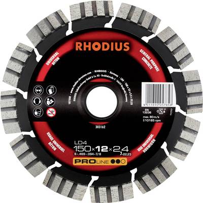 Řezný kotouč RHODIUS Proline, průměr 150 mm. Vhodný pro univerzální beton. Obal zobrazuje technické specifikace a symboliku.