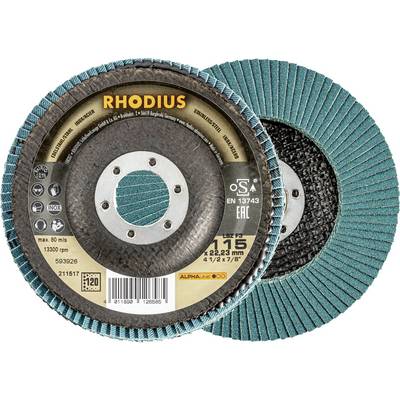 Dva brusné kotouče Rhodius, model ALPHAline, průměr 115 mm, max. 13300 ot./min, se zeleným brusným povrchem a štítkem.