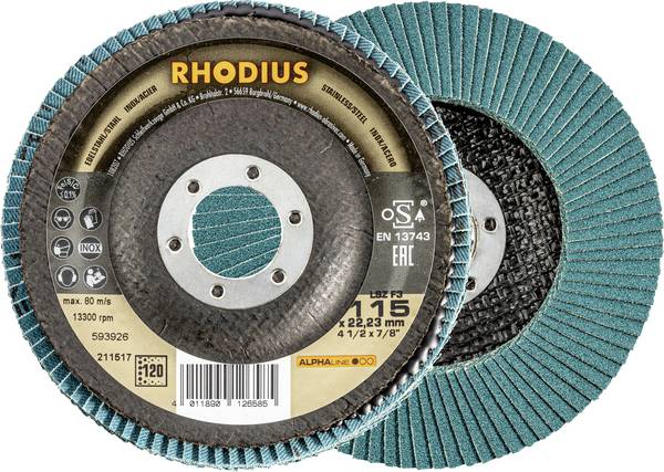 Rhodius 211517  vějířovitý brusný kotouč Průměr 115 mm Ø otvoru 22.23 mm Zrnitost 120 nerezová ocel, ocel 1 ks