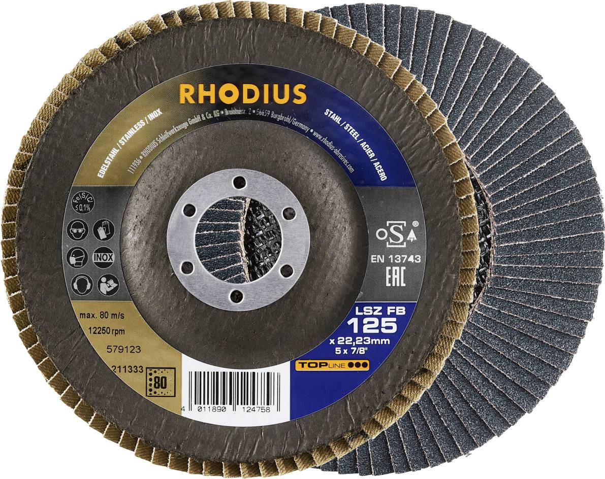 'RHODIUS' vějířovitý brusný kotouč, průměr 125 mm, vhodný pro ocel/nerezovou ocel. Označení 'EN 13743' a 'TOP.line'.