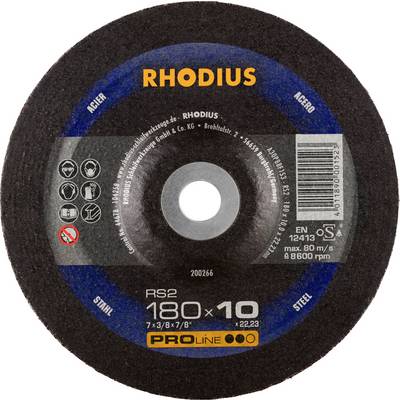 Brusný kotouč Proline RS2 180x10 pro ocel od firmy Rhodius s modrým potiskem a symboly pro vhodné materiály a bezpečnostní pokyny.