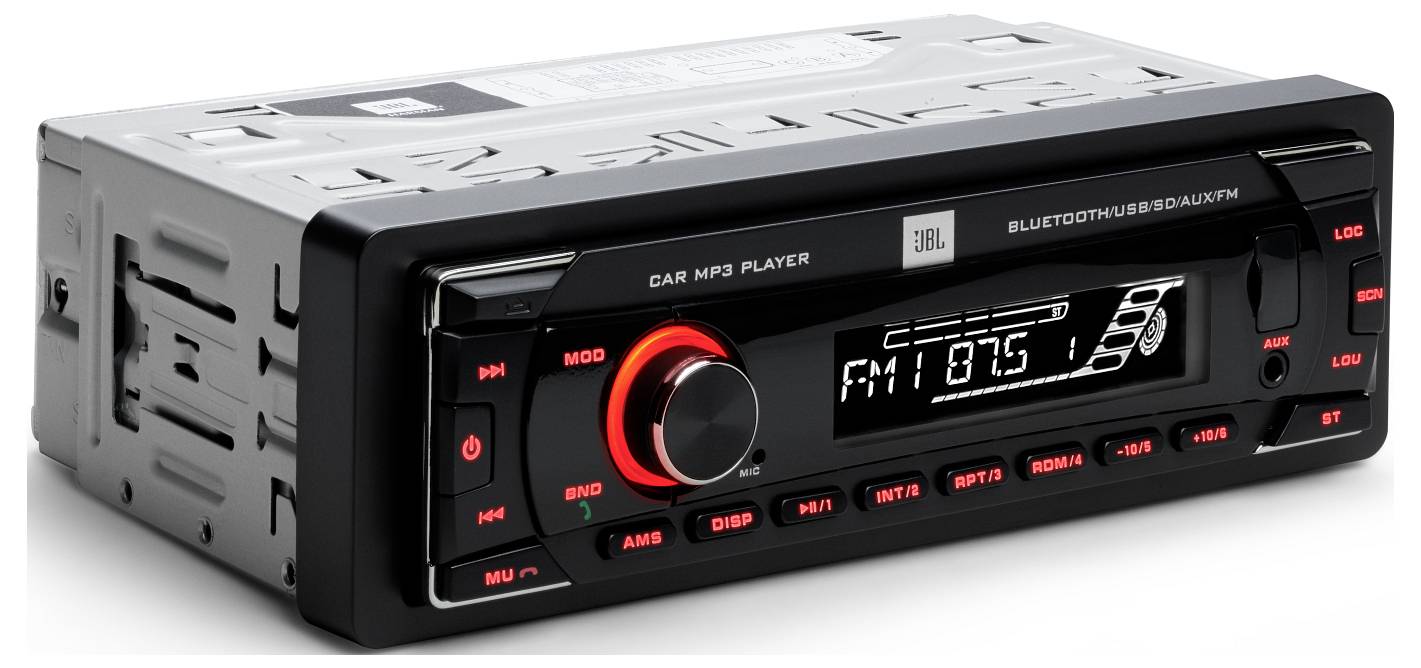Černé autorádio s MP3 přehrávačem a Bluetooth. Display zobrazuje 'FM1 87.5'. Červené ovládací prvky vlevo, obdélníkový design.