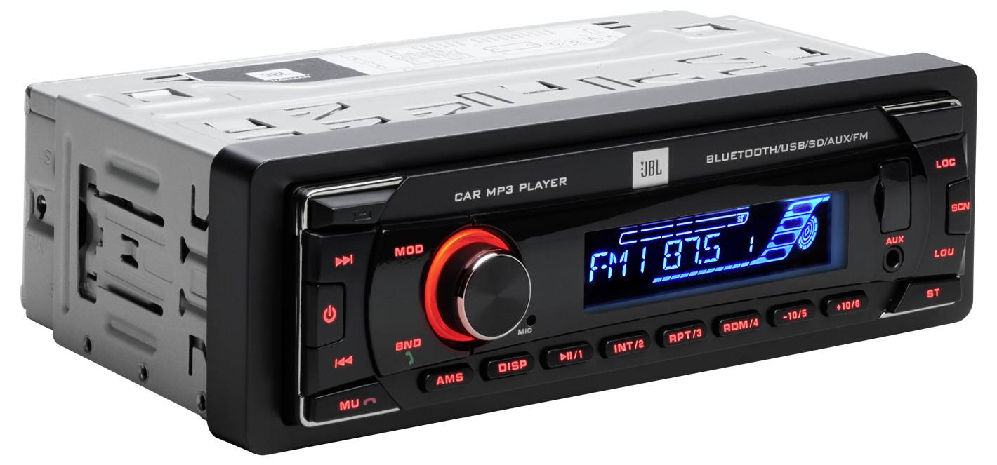 Autorádio s displejem zobrazuje 'FM 87.5'. Viditelná jsou tlačítka a otočný ovladač pro hlasitost a nastavení. Funkce Bluetooth a USB.