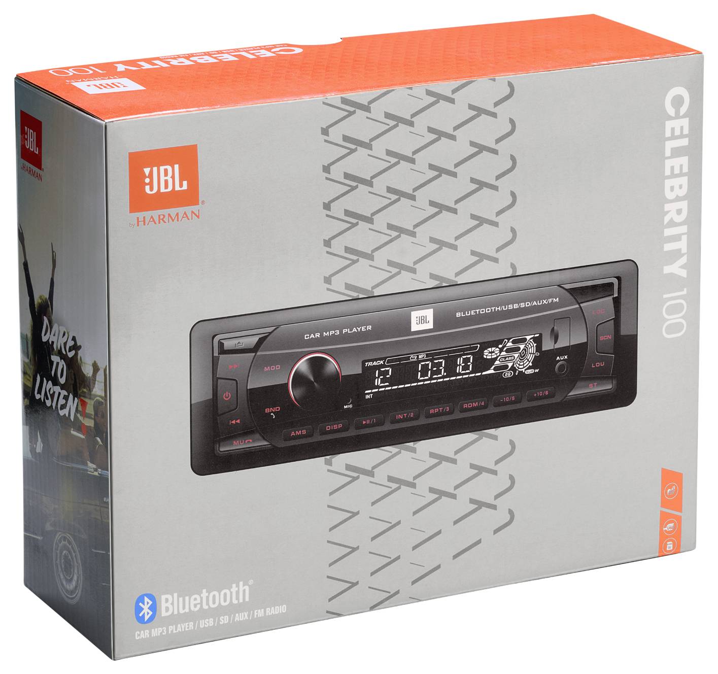 Obal pro přehrávač JBL Car MP3, model 'Celebrity 100' s funkcí Bluetooth. Obrázek zařízení a grafika dezénu pneumatiky na krabici.