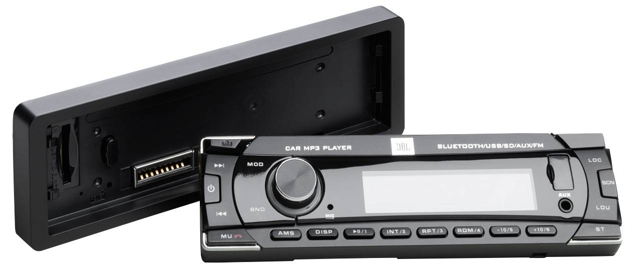 Odnímatelný panel autorádia s displejem a ovládacími prvky. Vlevo pouzdro. Funkce: MP3, USB, AUX.