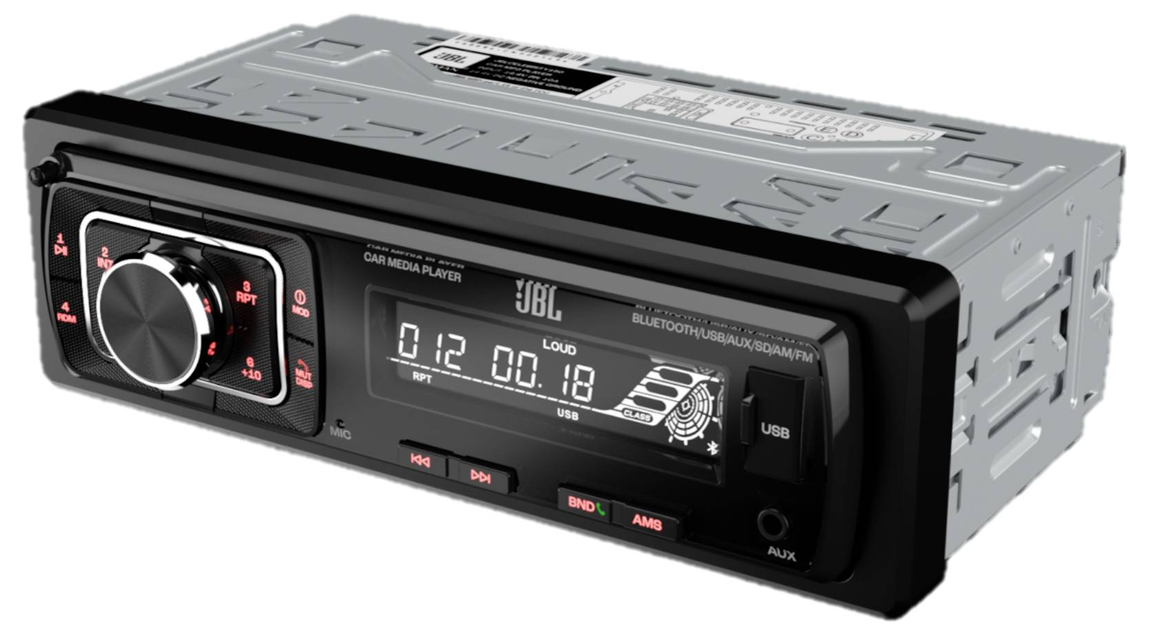 Autoádio s digitálním displejem a otočným ovladačem. Značka: 'JBL'. Funkce: USB, AUX, Bluetooth. Display zobrazuje 'Loud' a 'FM'.