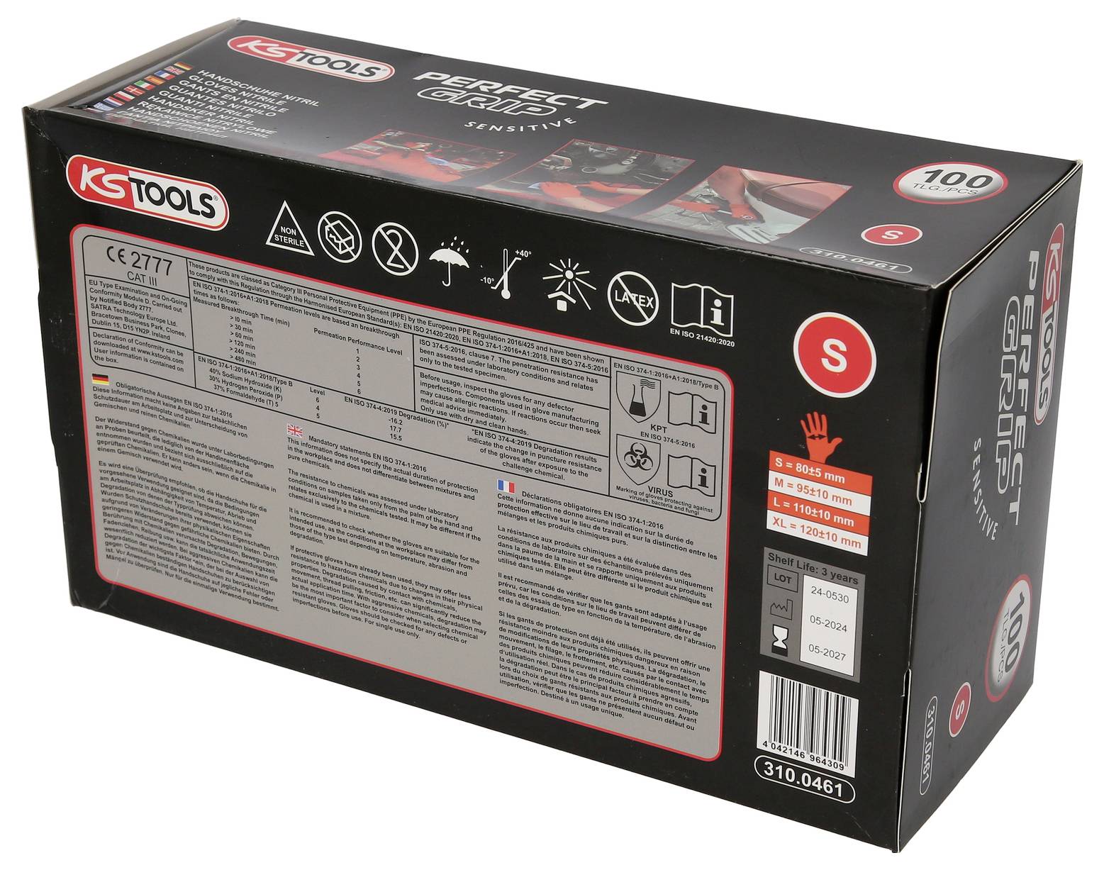Balení rukavic 'KS Tools Perfect Gloves', velikost S. Obsahuje symboly ochranných norem a rozměry: šířka 85 mm, délka 160 mm.