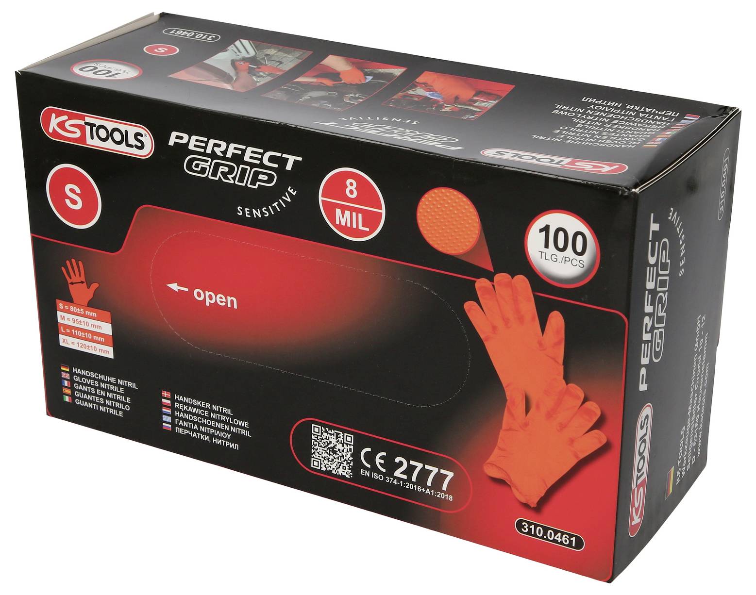 Obrázek ukazuje balení jednorázových rukavic 'Perfect Grip Sensitive' ve velikosti S, balení obsahuje 100 kusů. Rukavice jsou oranžové barvy.