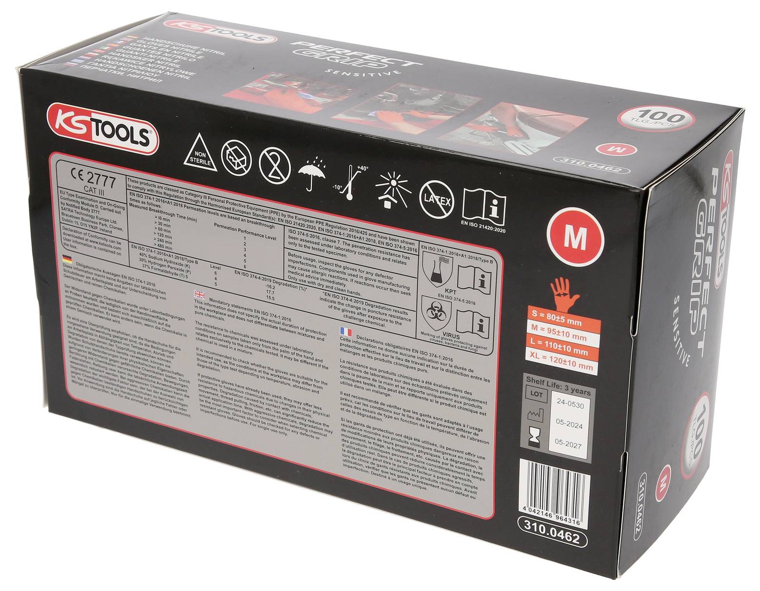 Černý obal s červenými detaily. Zobrazuje sadu nástrojů KS Tools, velikost M. Na zadní straně jsou uvedeny bezpečnostní a produktové informace.