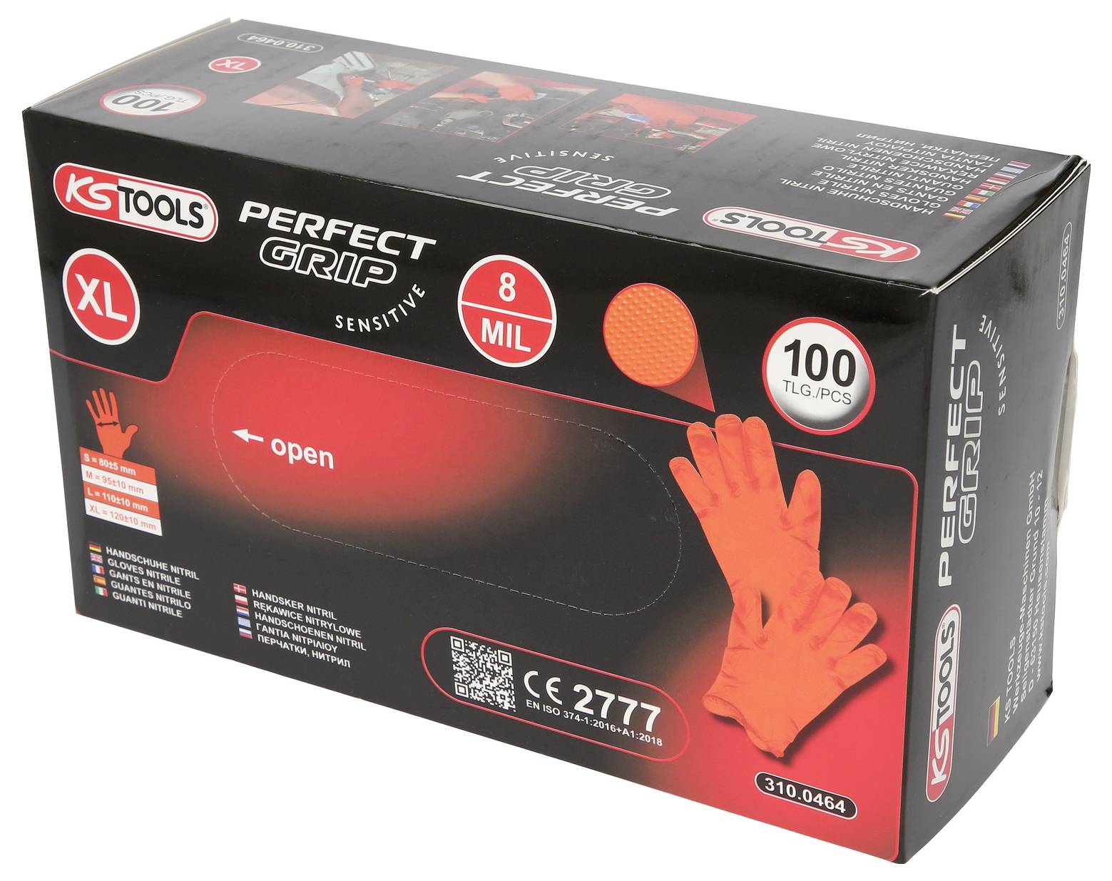 Černý obal rukavic 'KS Tools Perfect Grip Sensitive', velikost XL, tloušťka 8 Mil, 100 kusů v balení.