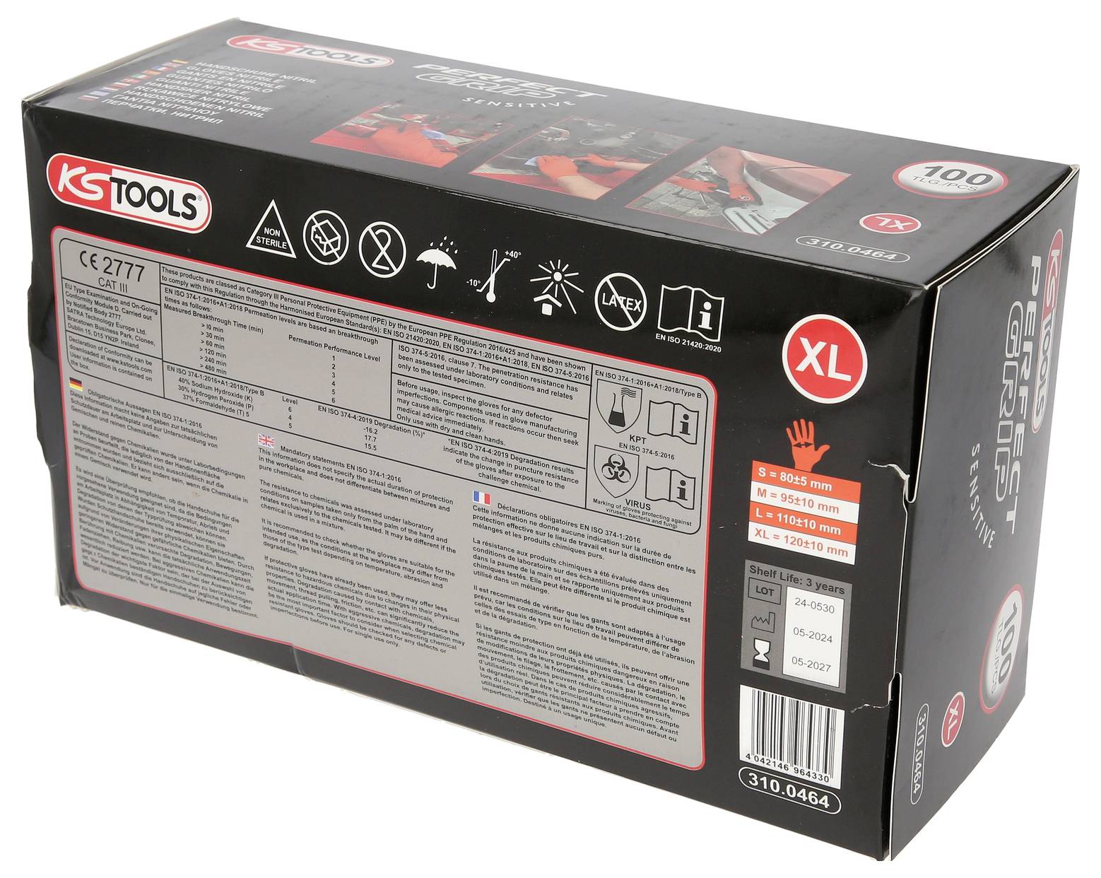 Černá krabice s logem 'KS Tools', označená 'XL'. Zobrazuje bezpečnostní a produktové informace pro rukavice, velikost XL.