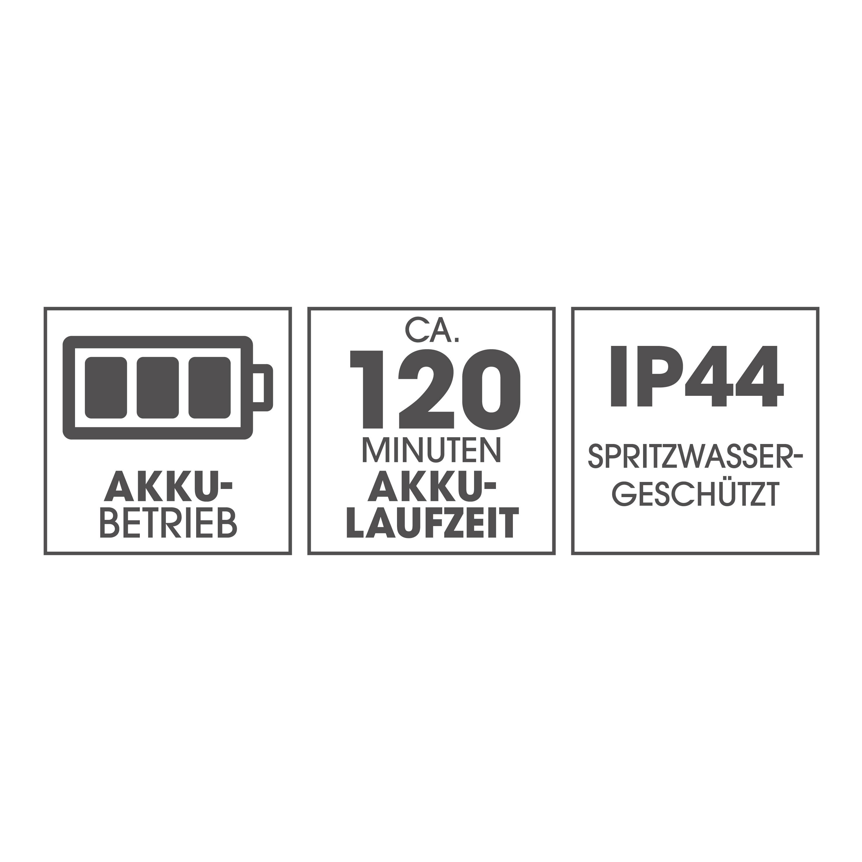 'Tři symboly: 1. Provoz na baterii s logem baterie, 2. Přibližně 120 minut výdrže baterie, 3. IP44 Chráněno proti stříkající vodě.'