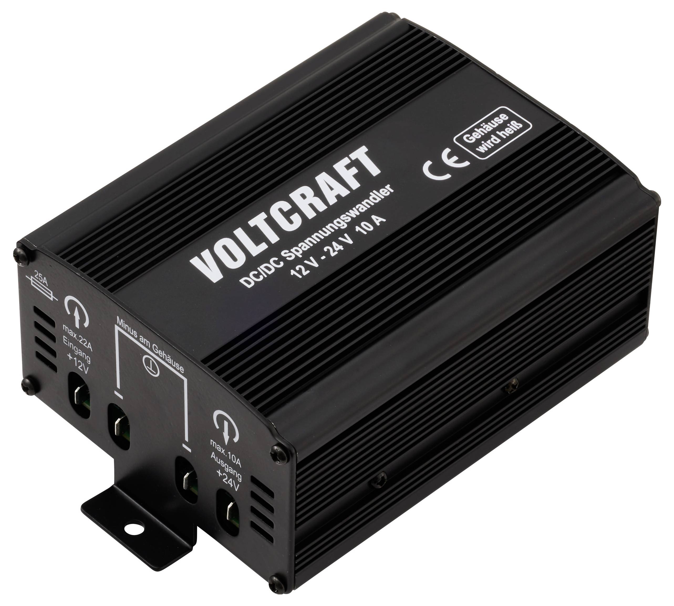 Měnič napětí Voltcraft DC/DC 12V-24V 10A zobrazený s vyznačenými připojovacími symboly, umístěný v černém žebrovaném kovovém obalu.