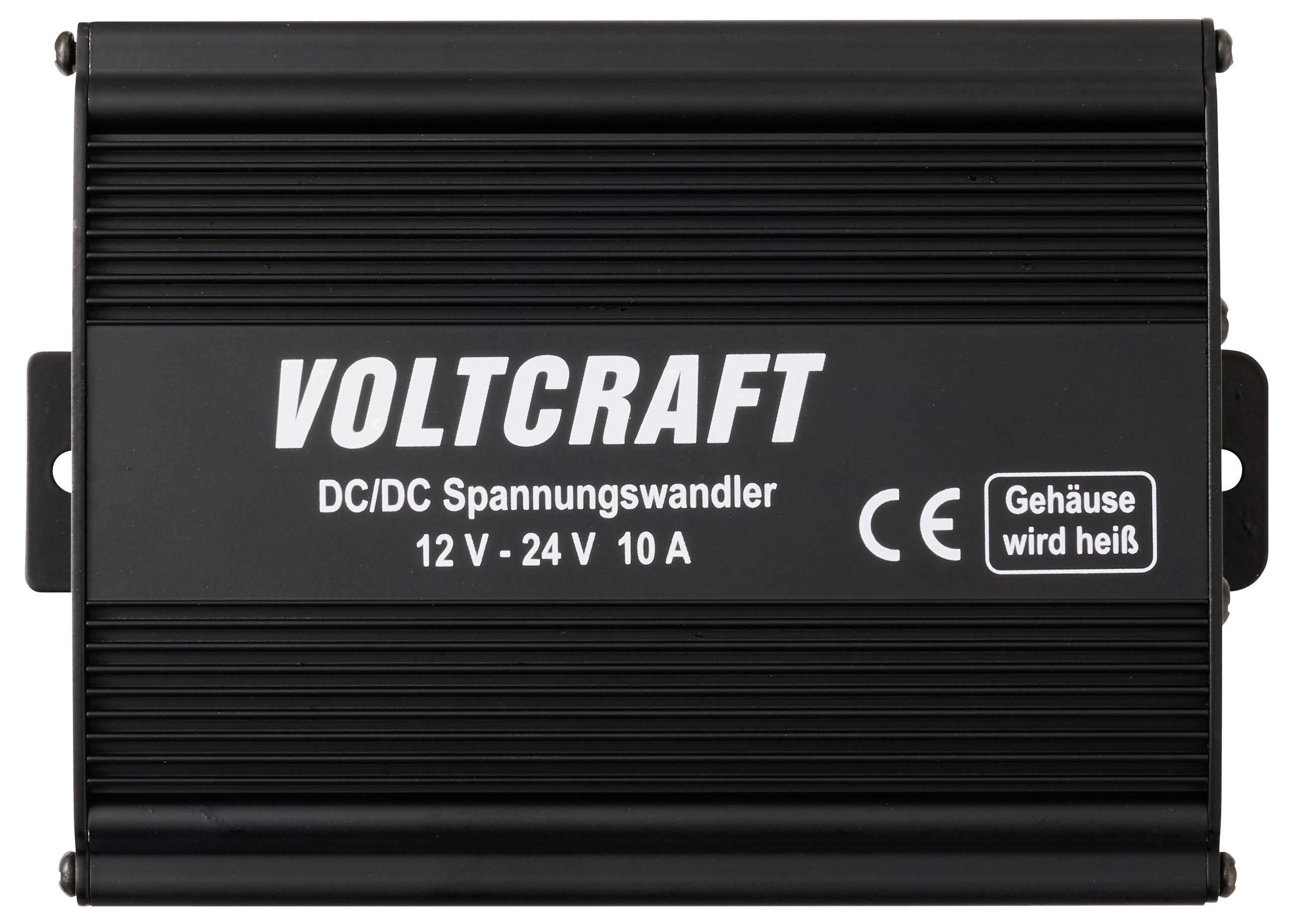 Černý VOLTCRAFT DC/DC měnič, 12 V-24 V 10 A, s varováním 'Kryt se zahřívá', certifikace CE.
