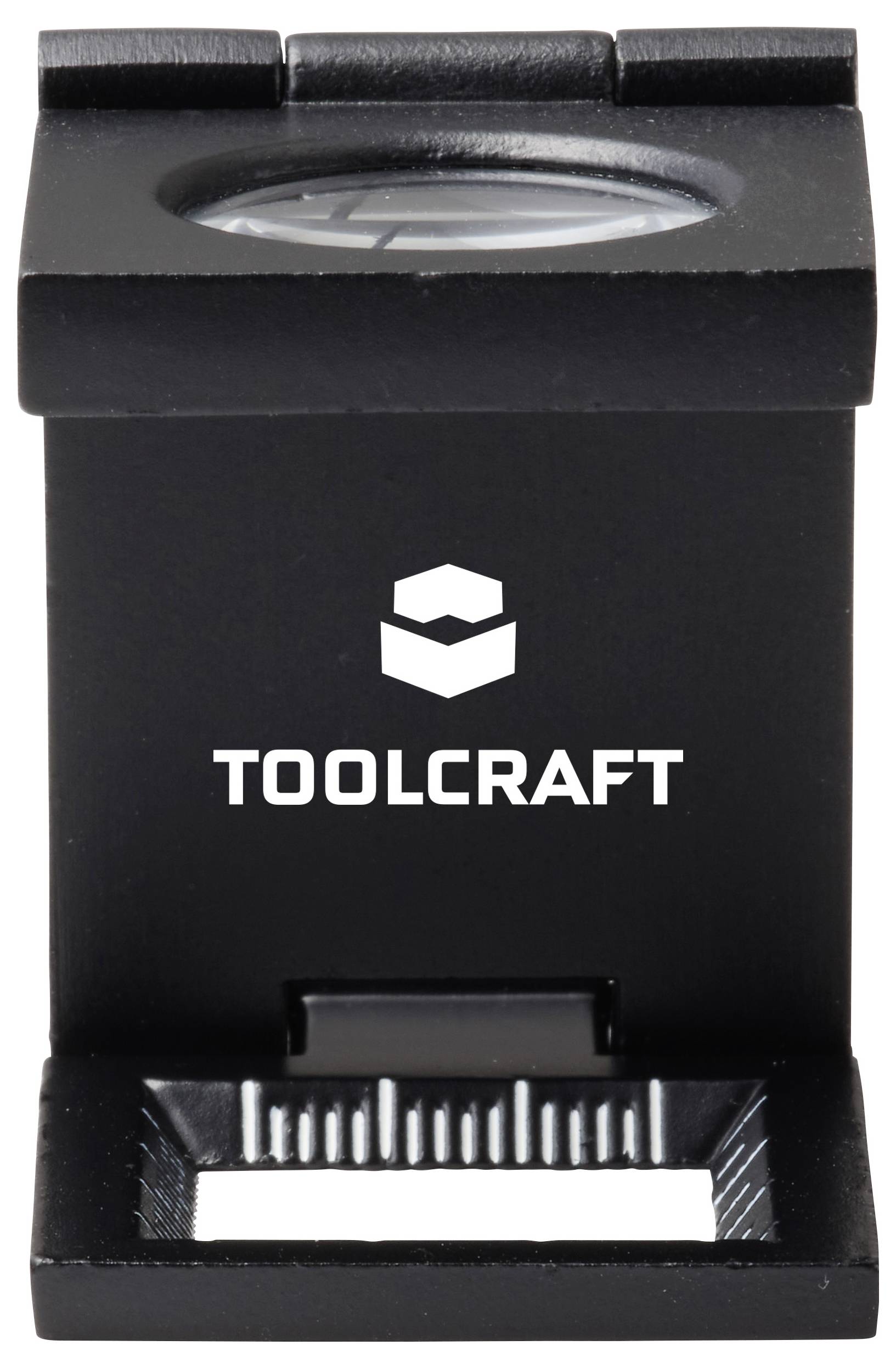 Lupa TOOLCRAFT v černé barvě se skládacím designem. Obsahuje čočku na horní straně, kompaktní a přenosná pro detailní inspekce.