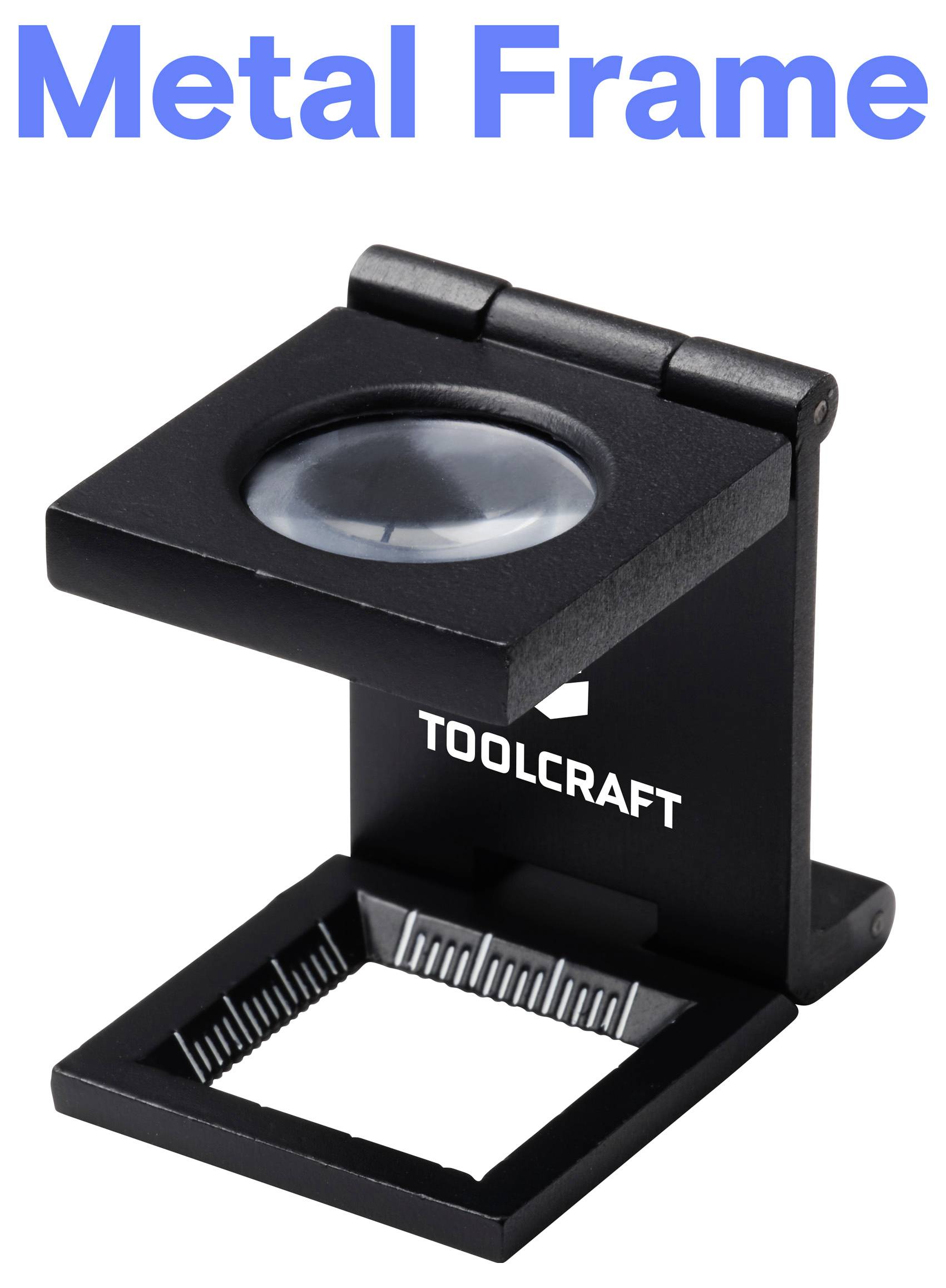 Černá skládací lupa s nápisem "TOOLCRAFT" tištěným na straně a nápisem "Metal Frame" v modrém textu výše.
