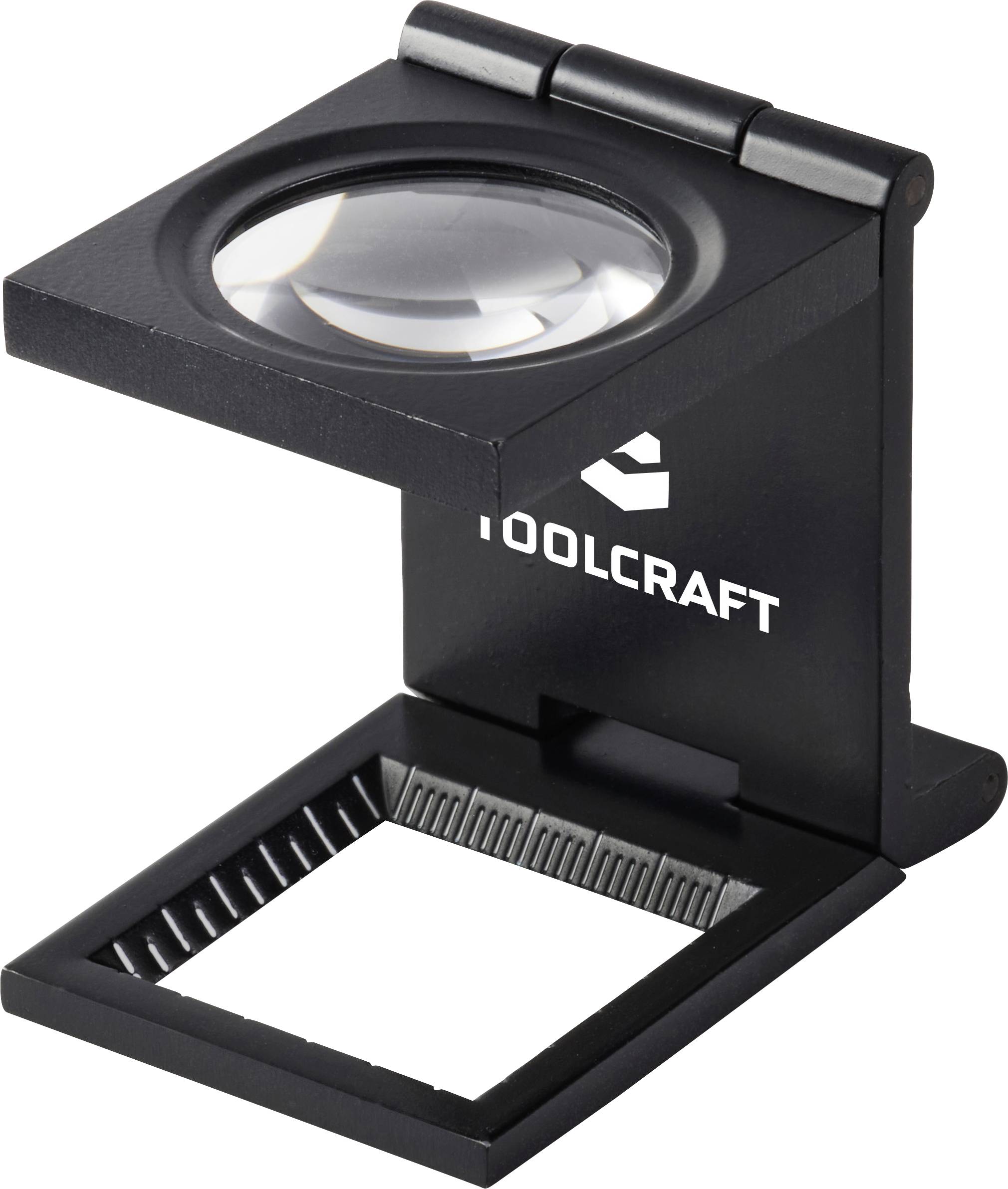 Skládací černá lupa označená nápisem "TOOLCRAFT", určená pro detailní zkoumání malých předmětů.