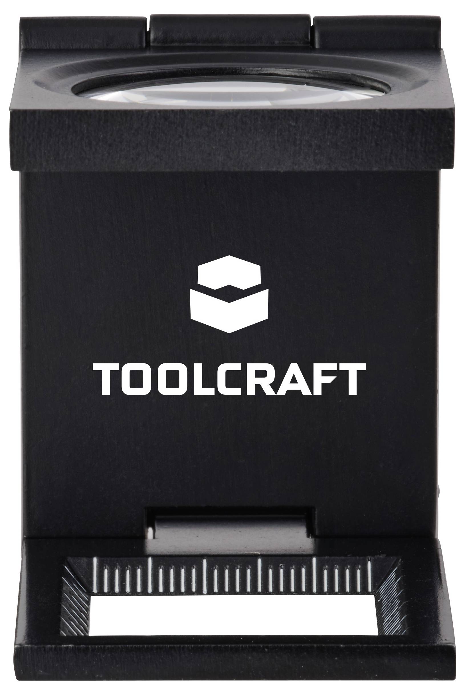 Zvětšovací sklo značky 'TOOLCRAFT', určené pro detailní zkoumání nebo inspekci, s malým pravítkem umístěným na základně.