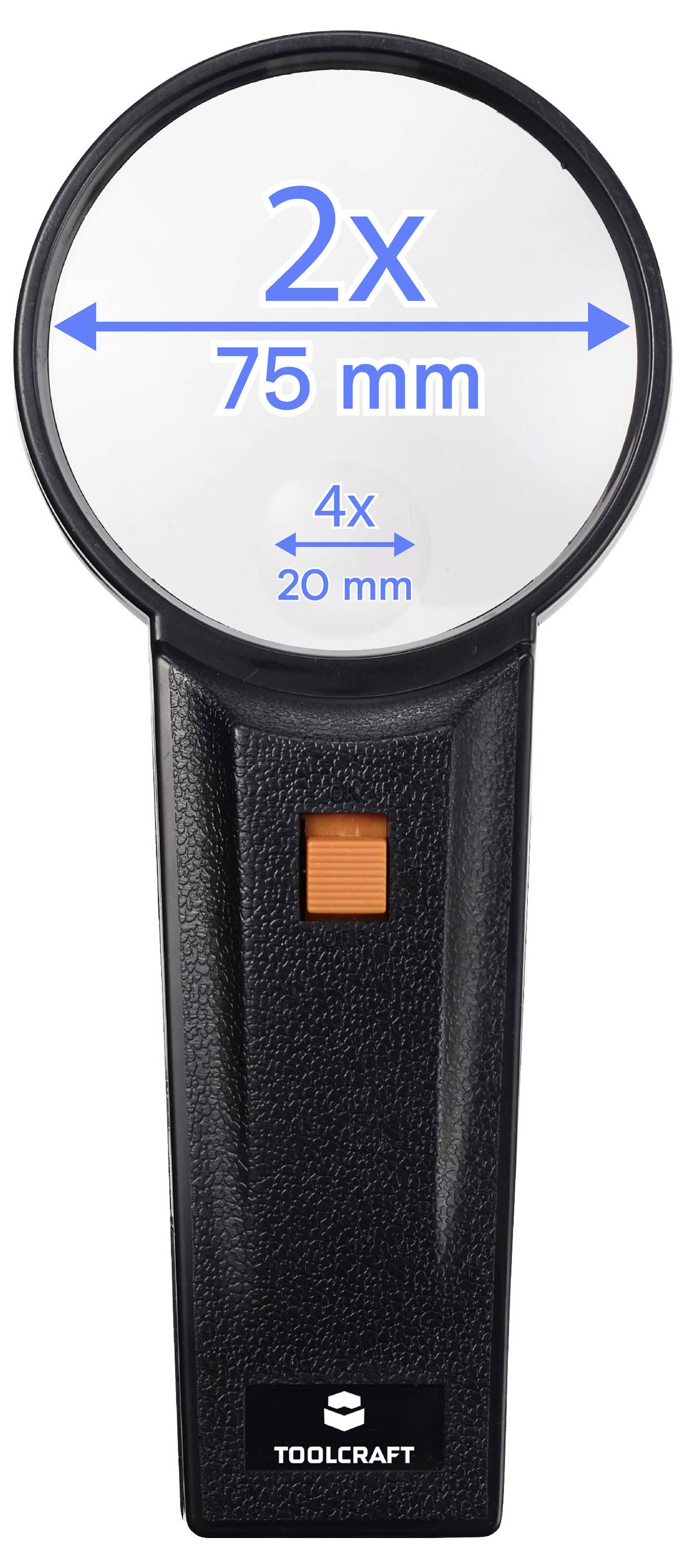 Lupa Toolcraft v černé barvě s oranžovým posuvníkem, zobrazující zvětšení 2x a 75 mm a vložené štítky zvětšení 4x a 20 mm.