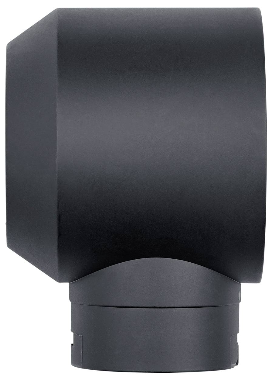 Černošedý válcovitý díl s obdélníkovým průřezem a kulatou spodní částí. Mohl by být součástí ventilačního systému.
