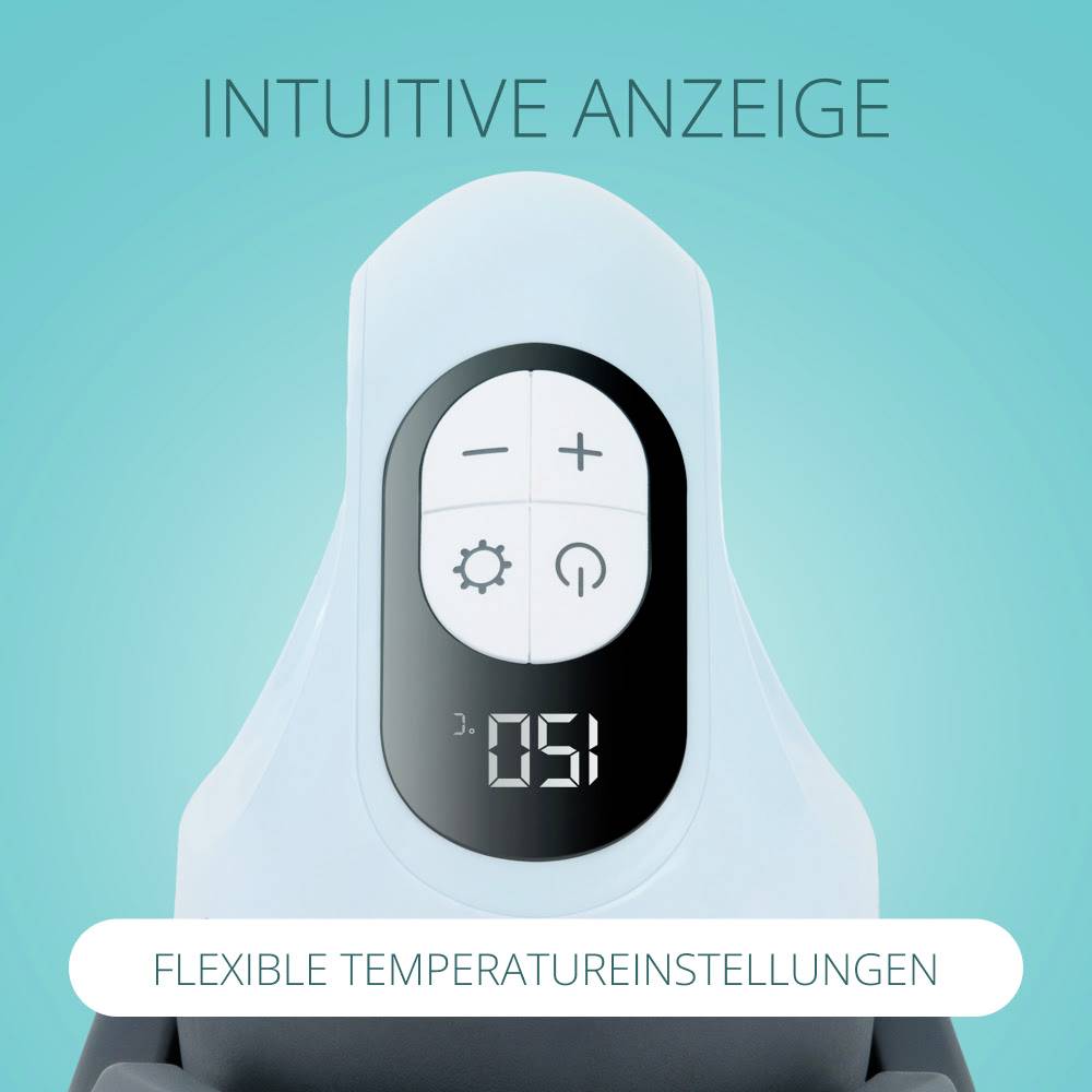 Digitální teploměr s kruhovými ovládacími prvky na modrém pozadí. Text: 'Intuitivní displej'.