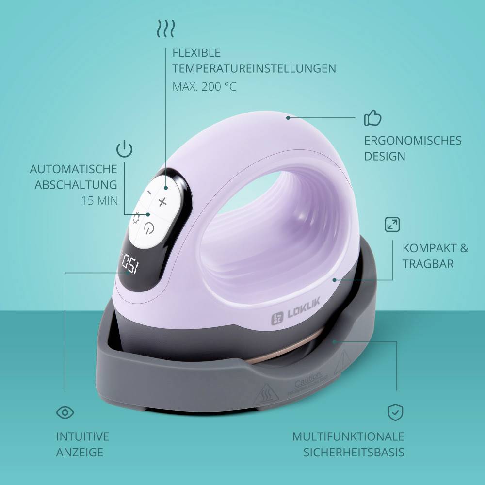 Obrázek zobrazuje kompaktní, přenosnou žehličku s ergonomickým designem. Funkce: flexibilní nastavení teploty, automatické vypnutí a digitální displej.