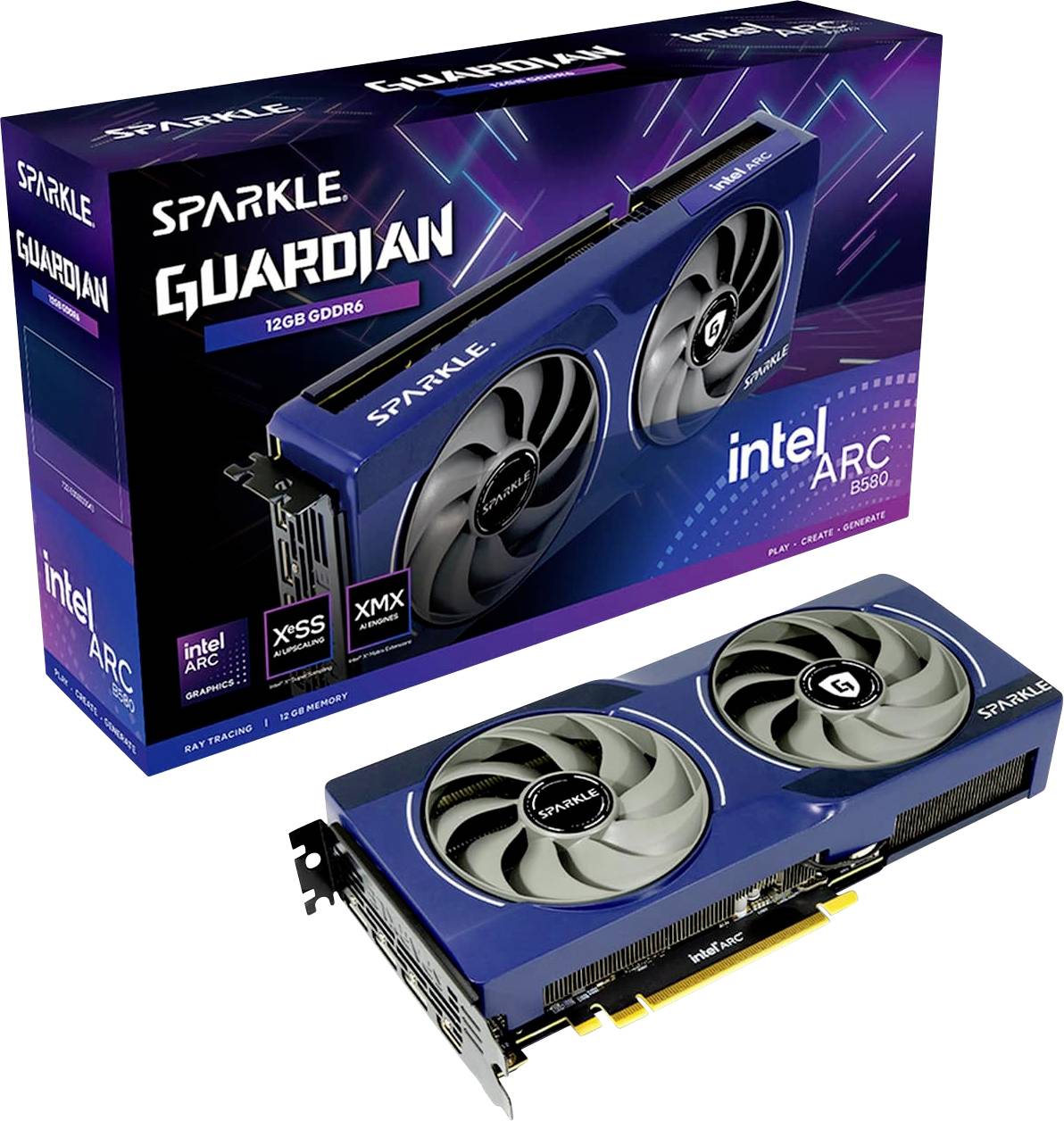 Grafická karta značky Sparkle Guardian se dvěma ventilátory, 12 GB GDDR6. Balení zobrazuje logo Intel Arc s vlastnostmi.