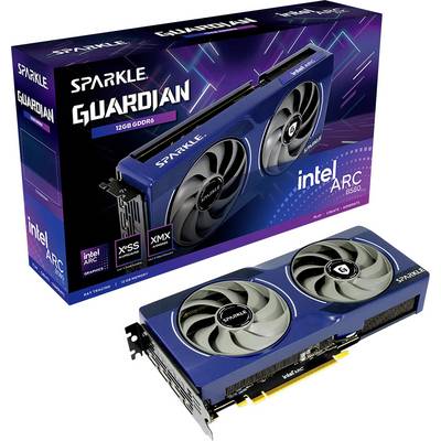 Grafická karta značky Sparkle Guardian se dvěma ventilátory, 12 GB GDDR6. Balení zobrazuje logo Intel Arc s vlastnostmi.