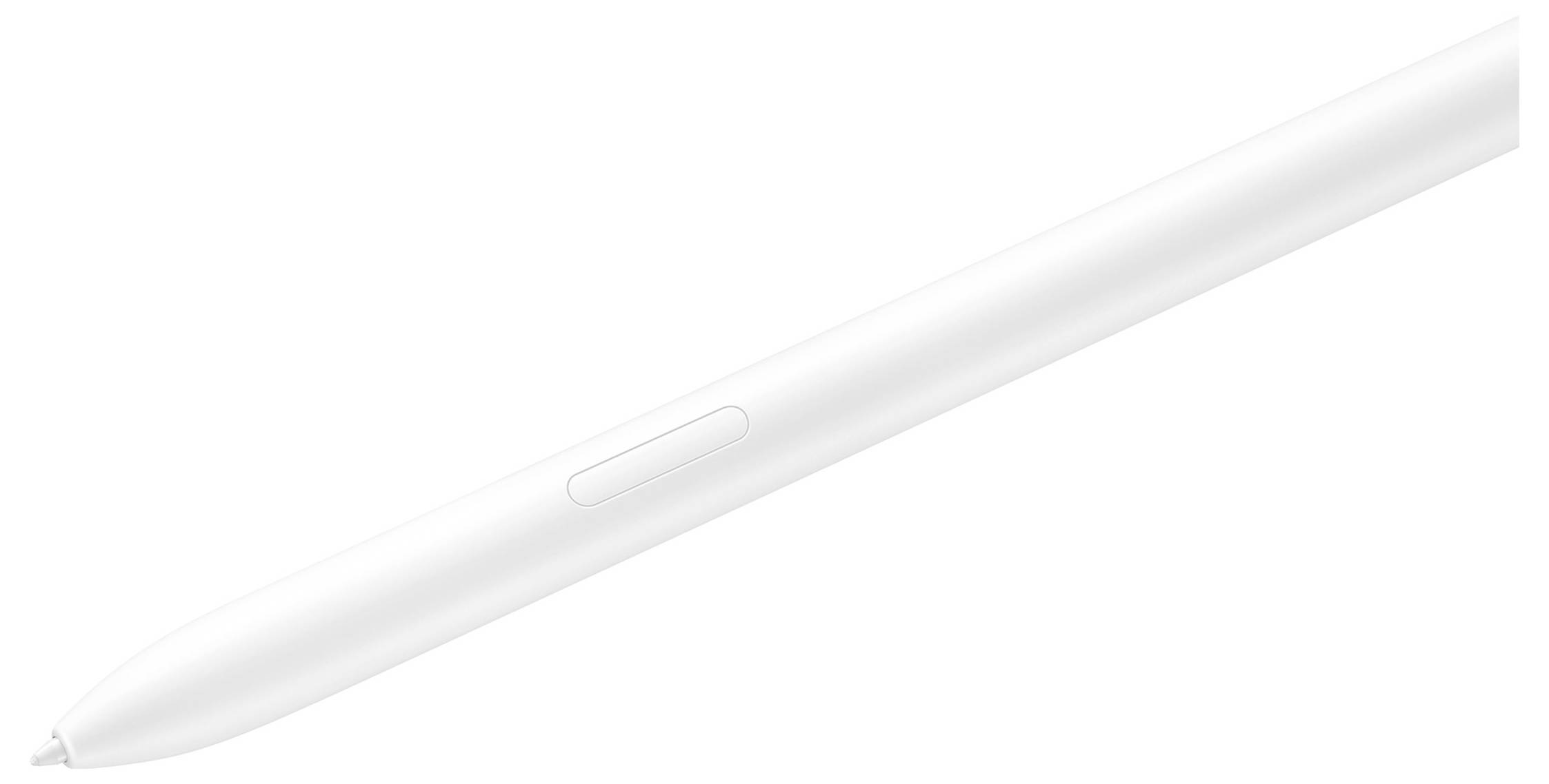 Bílé, štíhlé pero stylus s tlačítkem po straně, zobrazené před bílým pozadím.