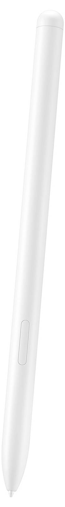 Bílé digitální pero s elegantním designem, postranním tlačítkem a zaobaleným hrotem, vhodné pro dotykové obrazovky a tablety.