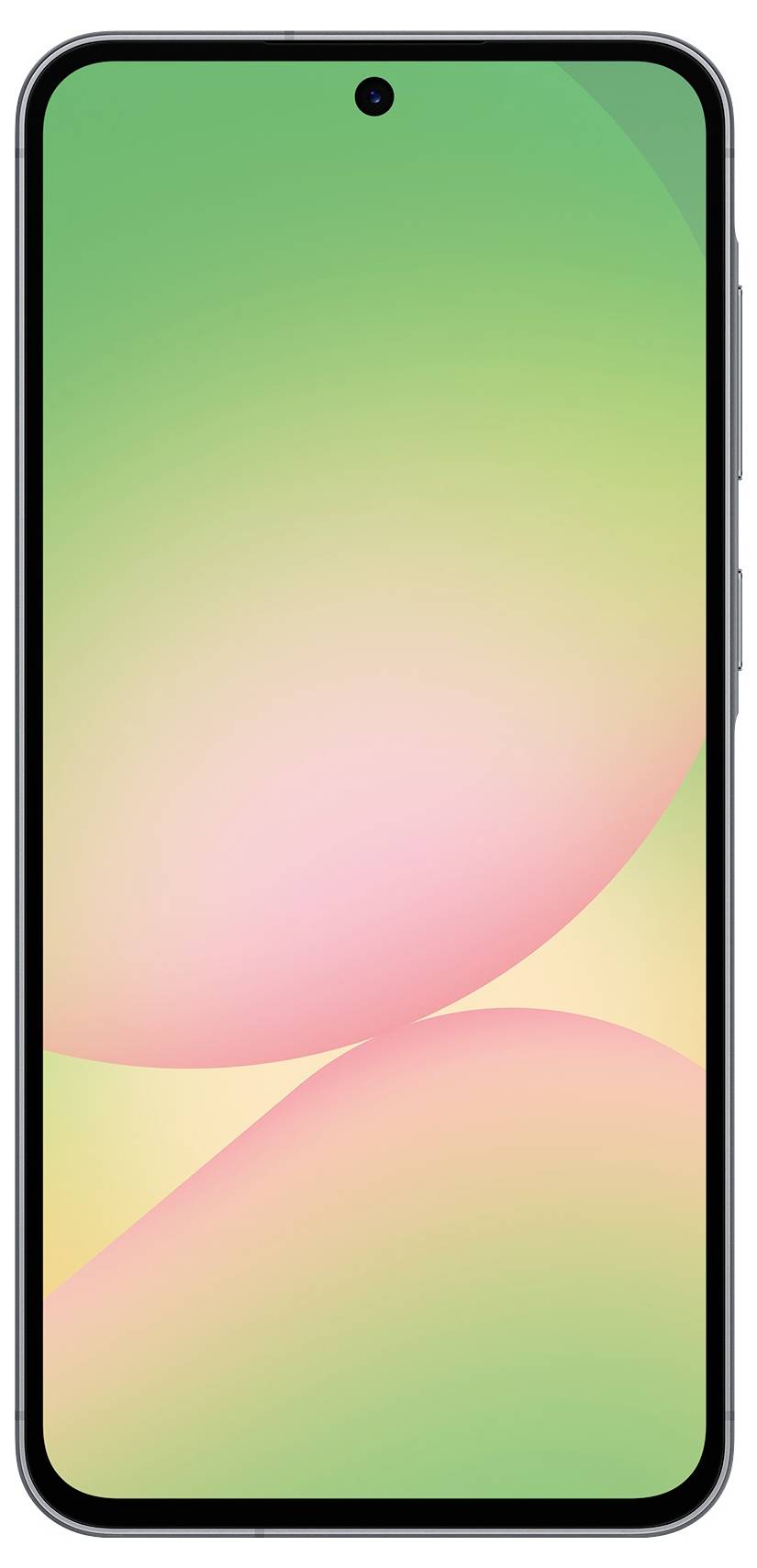 Smartphone s displejem s barevným přechodem, který přechází z horní zelené části do spodní růžové části.