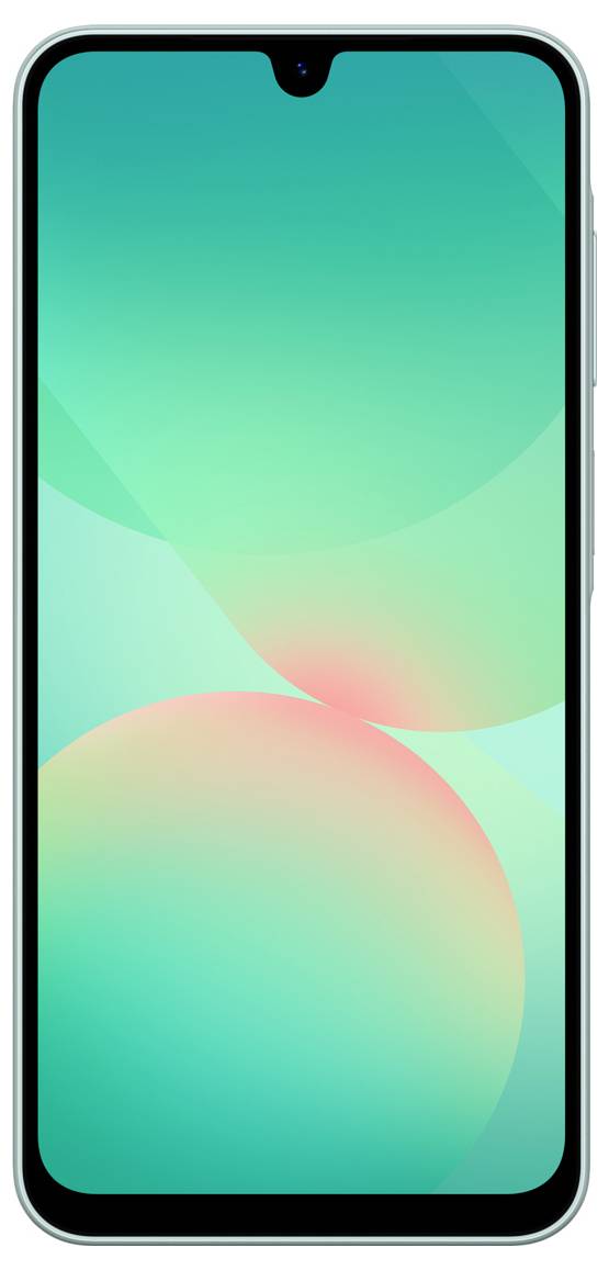 Chytrý telefon s jednoduchým designem, tyrkysovým pozadím a zaoblenými hranami je zobrazen z čelního pohledu.