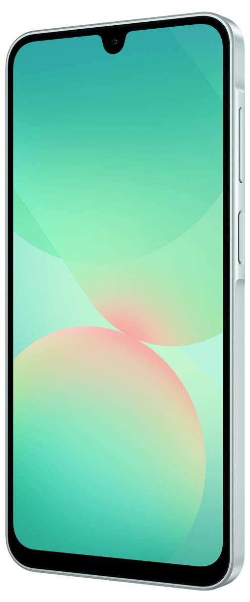 Moderní smartphone s bezrámečkovým displejem, jemným barevným přechodem v zeleno-růžových tónech na obrazovce, po straně viditelné tlačítka.