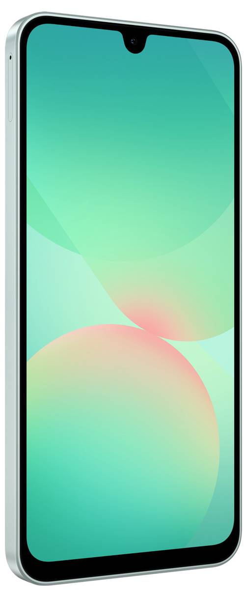 Smartphone se zeleným displejem a černým okrajem, pohled zepředu.