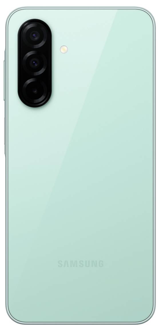 Světlý smartphone se třemi fotoaparáty umístěnými vertikálně na zadní straně, na tyrkysovém těle přístroje.