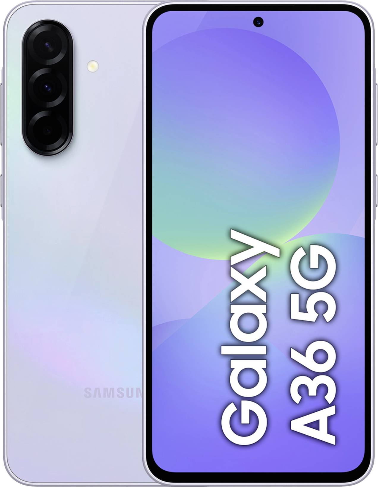 Chytrý telefon se třemi fotoaparáty na zadní straně a displejem s nápisem 'Galaxy A36 5G'.