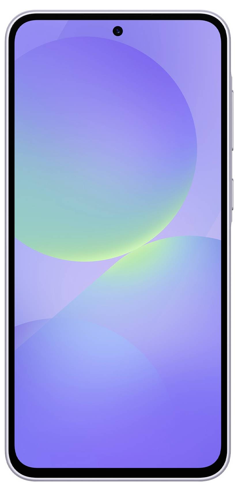 Smartphone s barevným displejem zobrazující abstraktní fialovo-zelenou grafiku. Rámeček telefonu je bílý.