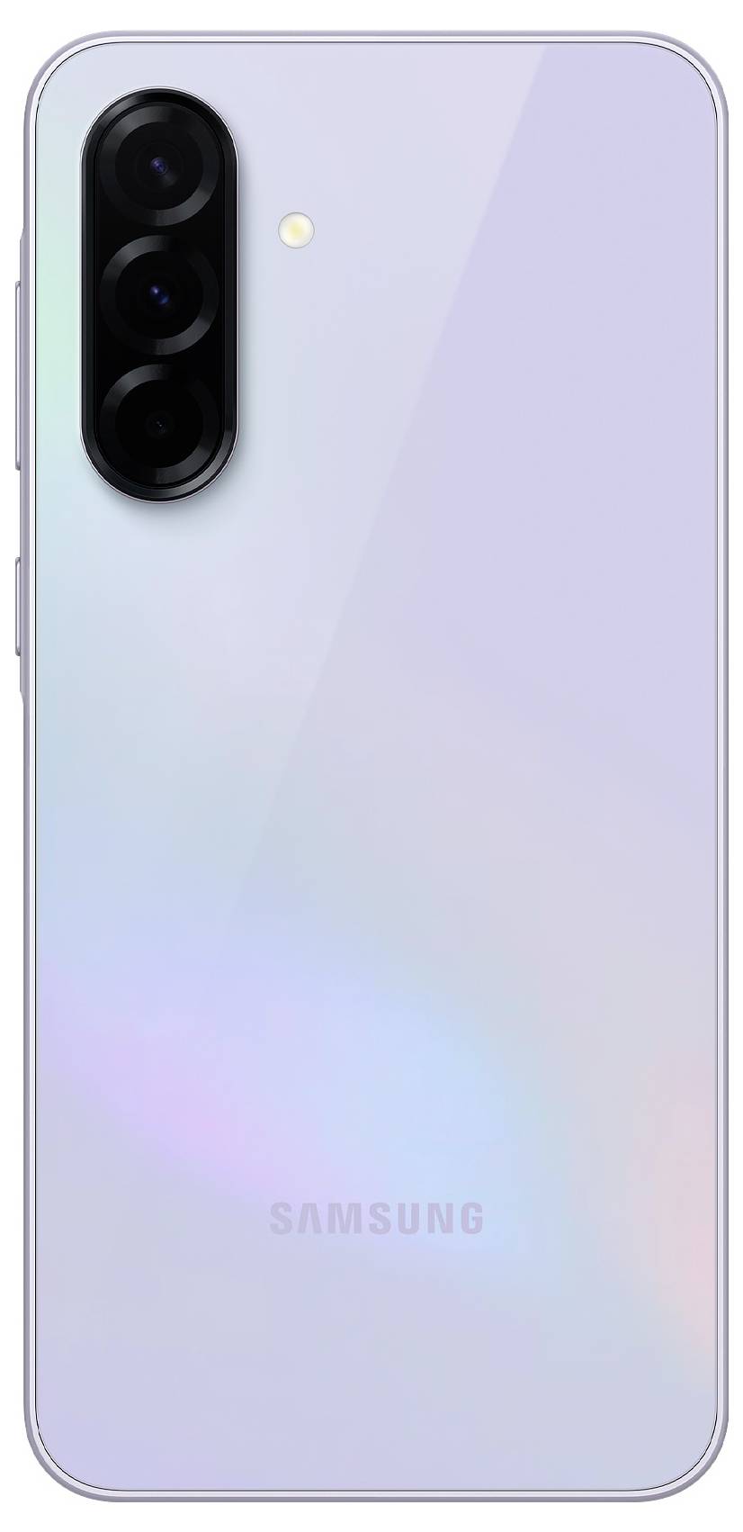 Stříbrnostříbrný smartphone Samsung se třemi objektivy na zadní straně a třpytivým povrchem.