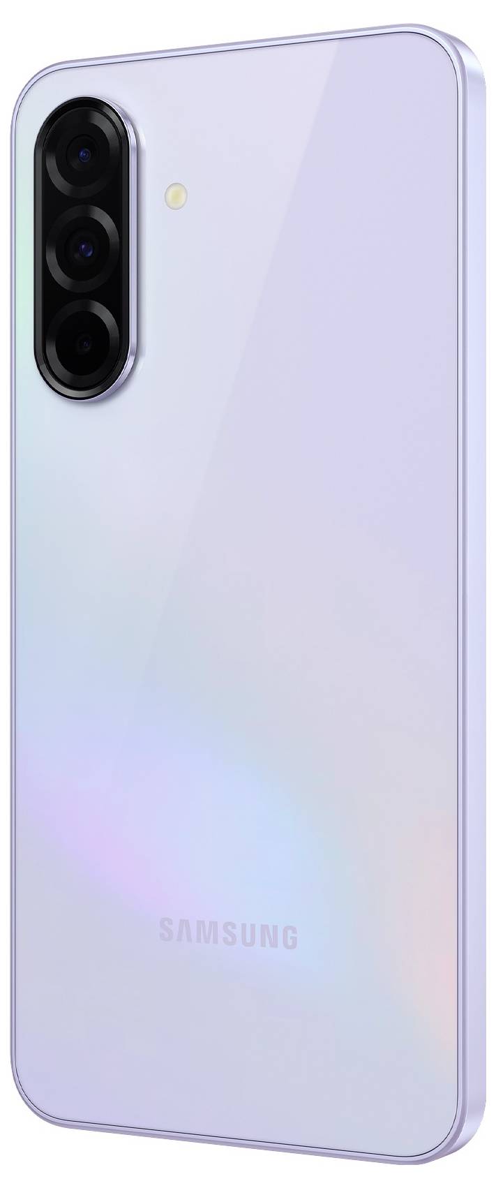 Smartphone se třemi objektivy na zadní straně, lesklý skleněný povrch ve světle fialové barvě, bez obalu.
