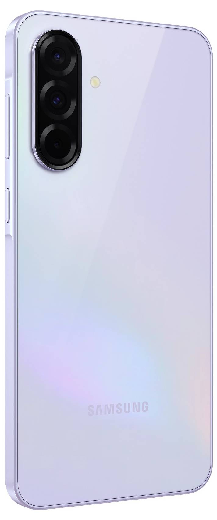 Smartphone se třemi zadními fotoaparáty a lesklým, světle fialovým tělem. Logo Samsung je viditelné na zadní straně.