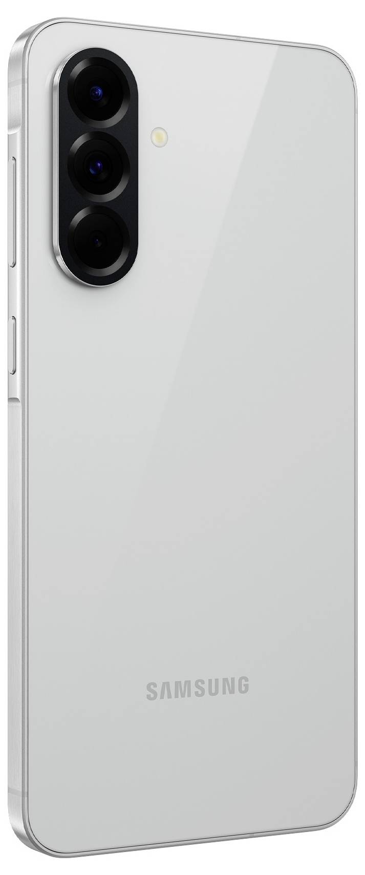 Bílý zadní panel smartphonu Samsung se třemi čočkami fotoaparátu a bleskem v levém horním rohu.