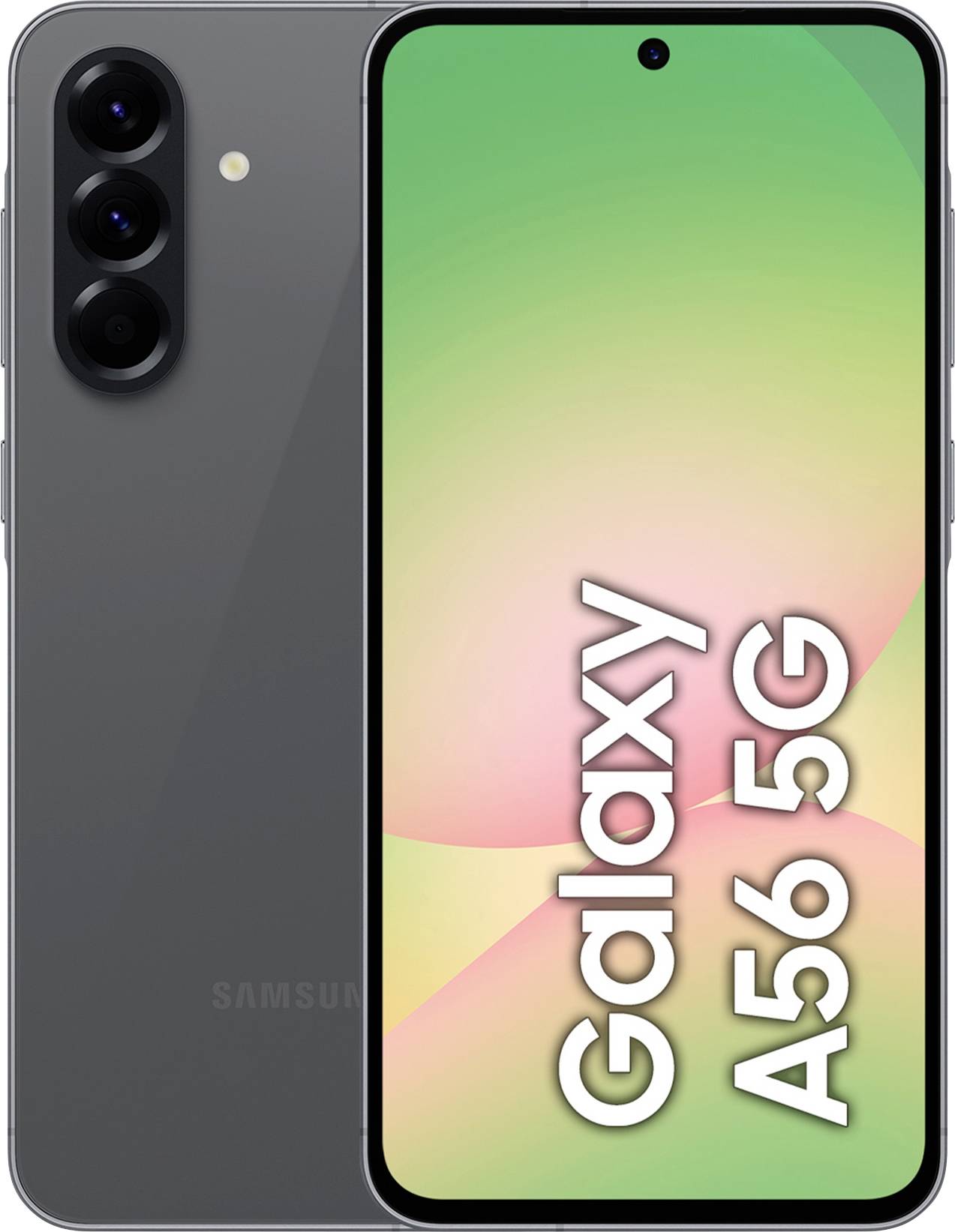 Samsung Galaxy A56 5G smartphone se třemi zadními kamerami a displejem s barevným pozadím s nápisem 'Galaxy A56 5G'.