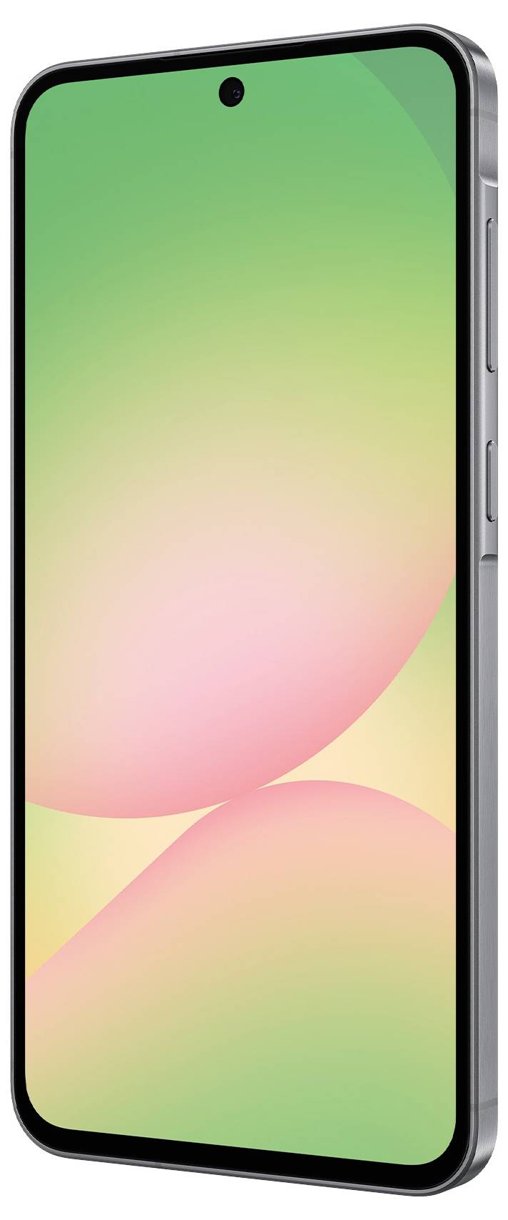 Smartphone se zeleným a růžovým pozadím na displeji. Tenké okraje, tmavě šedé tělo, po stranách viditelné dva tlačítka.