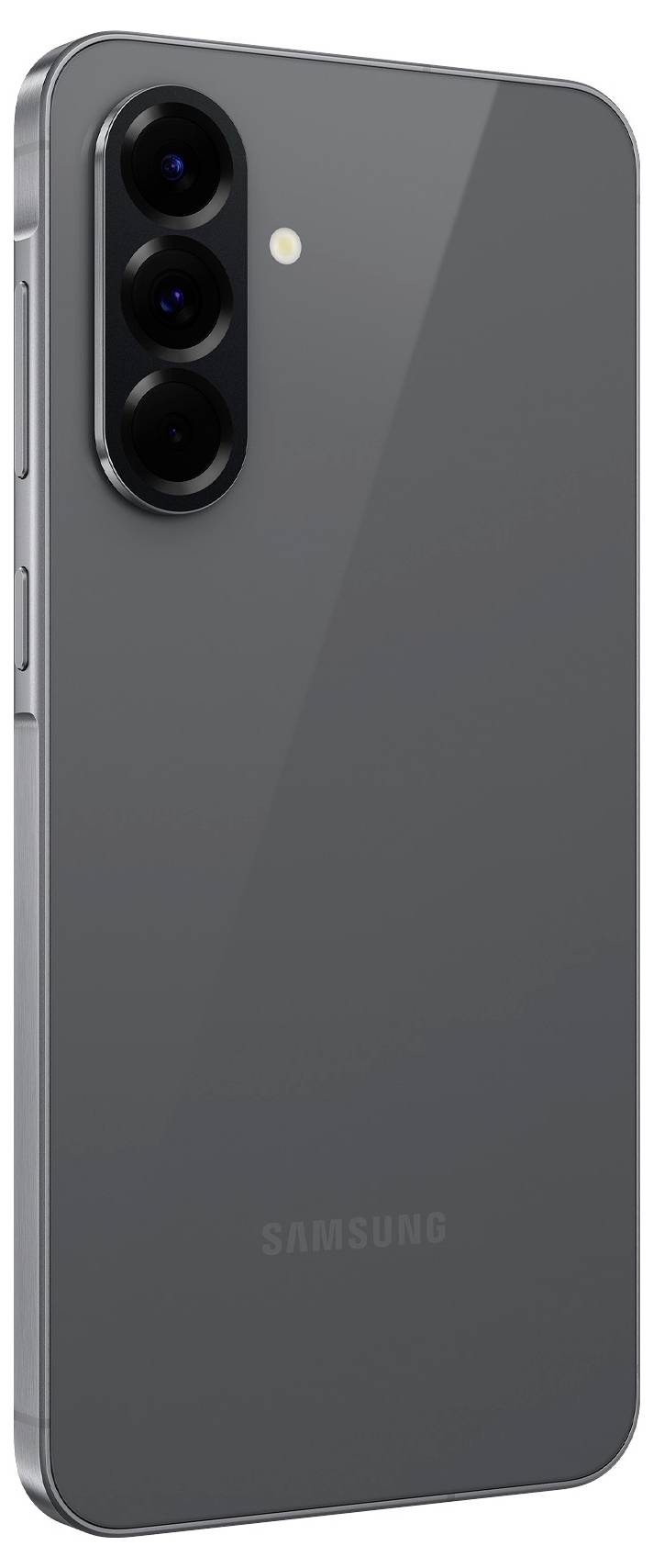 Smartphone se třemi fotoaparáty a minimalistickým designem v tmavém barevném provedení. Název značky je viditelný na zadní straně.