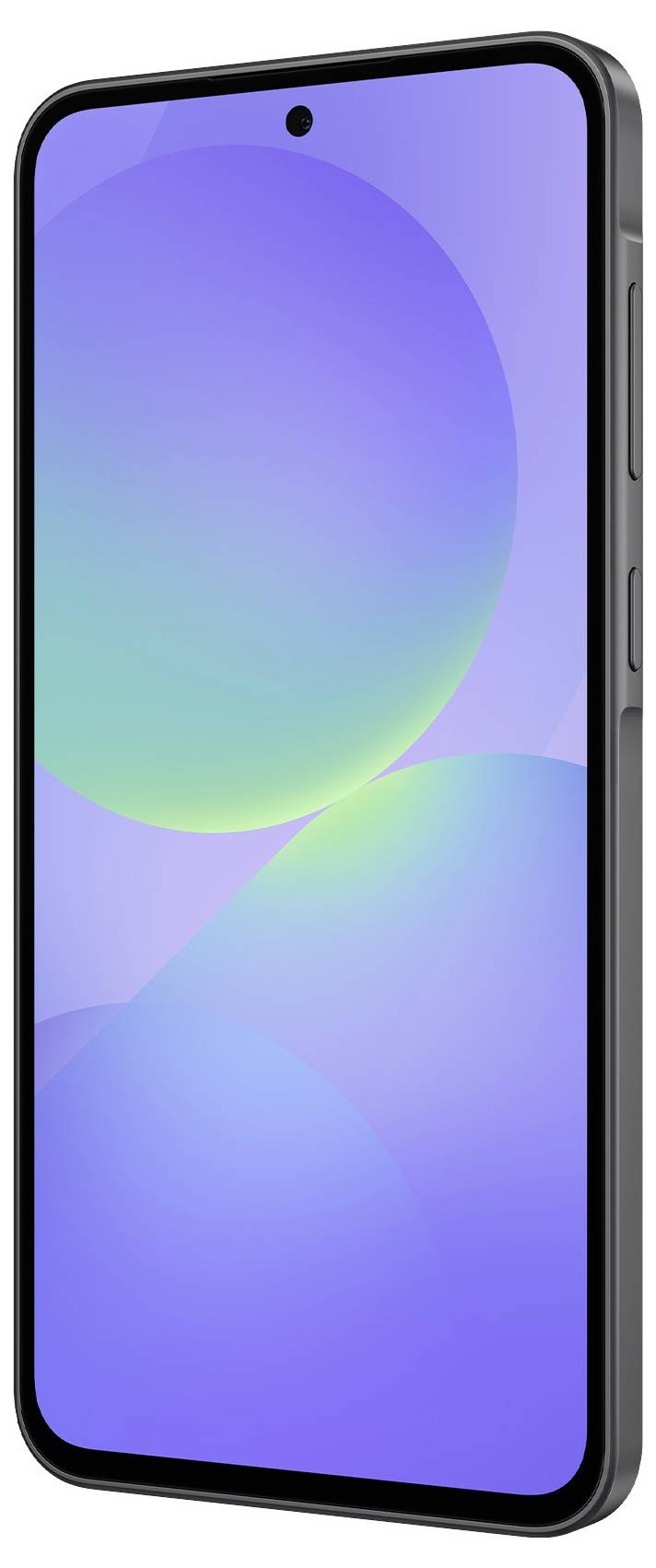 Moderní smartphone s okrajovým displejem, na kterém je zobrazen abstraktní pozadí v modrých a zelených tónech.